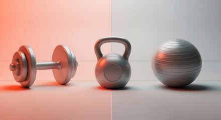 Fitness equipment including a dumbbell, kettlebell, and exercise ball.