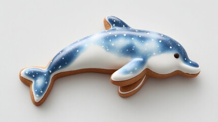 Whimsical dolphin shaped gingerbread cookie with blue and white icing on a clean white background