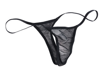 Women's sexy black thong panties on a white background. 