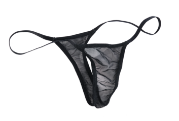 Women's sexy black thong panties on a white background. 