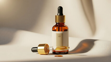 "luxury essential oil bottle mockup, amber glass with dropper, placed on a soft cloth background with minimal lighting to create a serene, calming effect--v 6.1 --ar 16:9 --q 2"