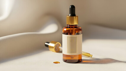 "luxury essential oil bottle mockup, amber glass with dropper, placed on a soft cloth background with minimal lighting to create a serene, calming effect--v 6.1 --ar 16:9 --q 2"