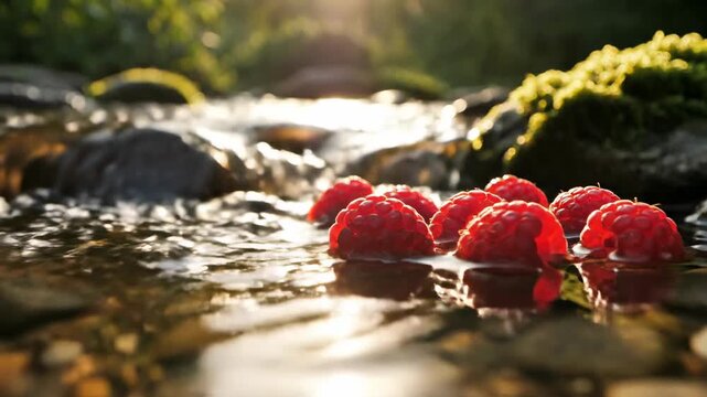 Beautiful backlighting captures the shimmering water surface as perfect red raspberries float and gently bob in a peaceful stream berry, summer, clean
