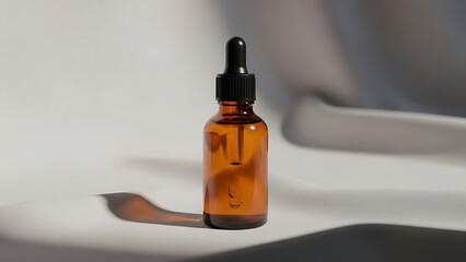 "luxury essential oil bottle mockup, amber glass with dropper, placed on a soft cloth background with minimal lighting to create a serene, calming effect--v 6.1 --ar 16:9 --q 2"
