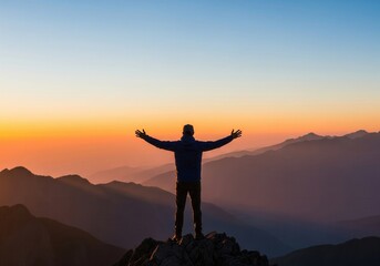 Silhouette Of A Man With Outstretched Arms At Sunset On Mountain Summit Embracing Freedom And Adventure