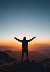 Silhouette Of A Man With Outstretched Arms At Sunset On Mountain Summit Embracing Freedom And Adventure