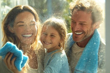 Family enjoys cleaning windows together while sharing smiles and laughter on a sunny afternoon