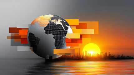 Sun rising over stylized earth, bold stencil blocks, half-erased optimistic words behind