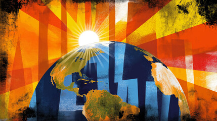 Sun rising over stylized earth, bold stencil blocks, half-erased optimistic words behind