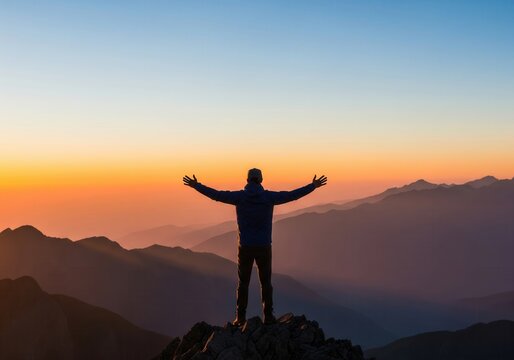 Silhouette Of A Man With Outstretched Arms At Sunset On Mountain Summit Embracing Freedom And Adventure