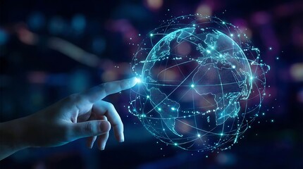 Hand touching digital globe with network connections 