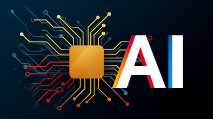 AI chip icon with bold outlines, minimal palette, faded tech lettering behind