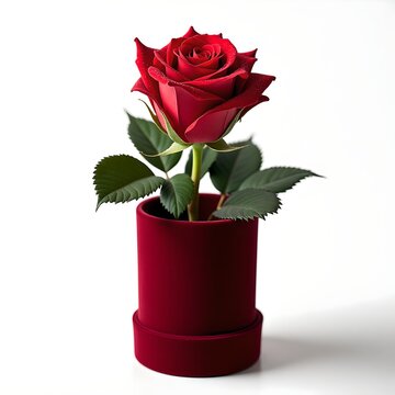 Red Flower in Velvet Bottle Case with Green Leaves &ndash; Romantic Valentine Gift Isolated on White 
