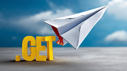 Paper airplane taking off, bold cutout style, distressed inspirational writing in background