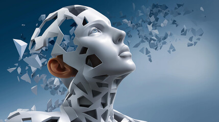 Humanoid robot head with geometric cutouts, stencil vector, digital-text decay in background