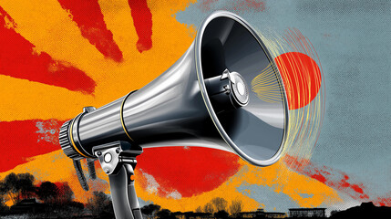 Megaphone emitting stylized sound waves, vector stencil graphic, distressed civic slogans in background