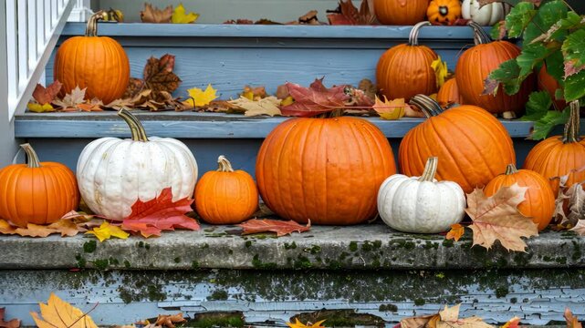 Autumn decorations feature assorted pumpkins and colorful leaves adorning rustic steps, capturing the essence of the season