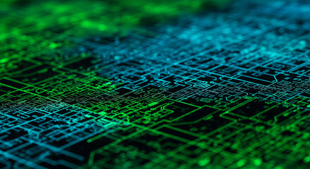  A macro view of intricate, glowing microchip circuitry. The lines of the silicon wafer are illuminated in electric green and blue, resembling a vast, glowing city map. Extremely shallow depth .
