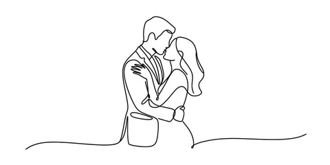 Continuous line art drawing of a romantic couple embracing and about to kiss Vector, illustration
