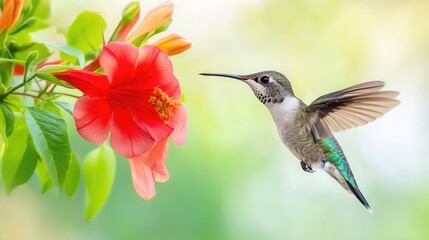 Fototapeta premium A close-up of an Anna hummingbird in flight near a red Mandevilla flower, showcasing grace and vibrant detail
