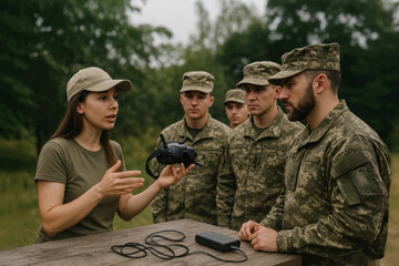 Female instructor demonstrating drone headset to soldiers during military training outdoors. Team learning UAV operation in tactical environment.