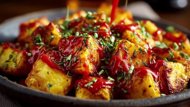 Traditional Spanish Patatas Bravas featuring golden roasted potato cubes drizzled with spicy red brava sauce and finished with fresh herb garnish