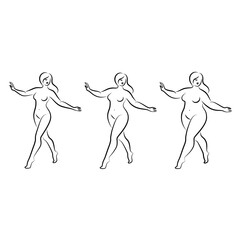 Collection. Silhouette of a beautiful woman figure. The lady is standing. The girl is thin, slender, and the woman is fat. Set of vector illustrations