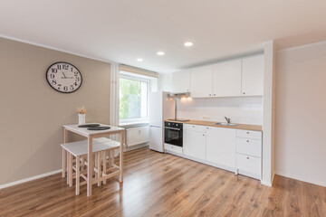 Scandinavian Style Cozy Modern Open Bright Minimalism Kitchen Home Interior. 