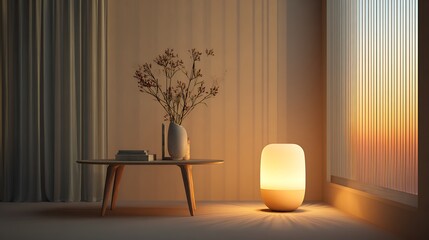 Warmly lit room with modern table lamp and vase on coffee table by window with sunset view