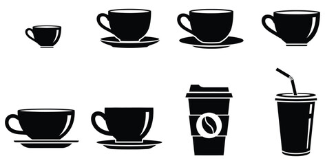 Collection of black and white coffee cup icons showing various styles for cafe and beverage design