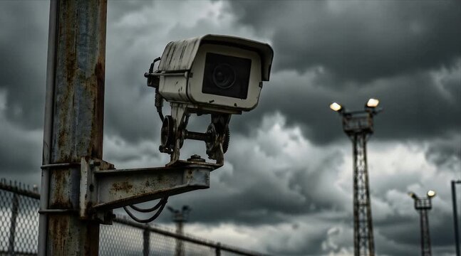 Security Camera Surveillance System On Industrial Background