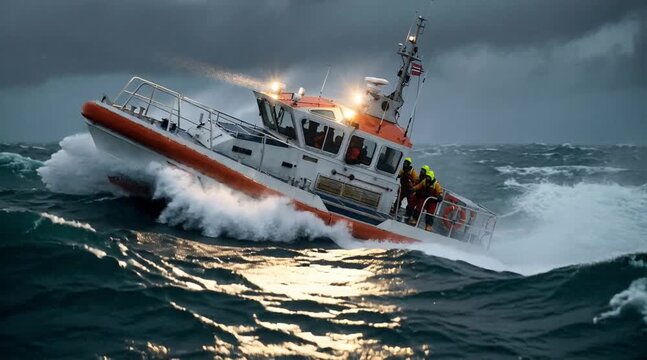 Coast Guard Rescue Boat Patroling In Rough Stormy Sea With High Waves Cinematic Footage