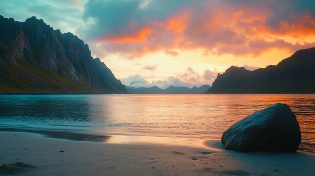 A serene beach at sunset with calm waters and a rocky shoreline. - Powered by Adobe