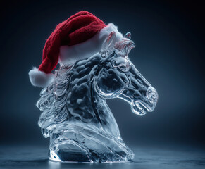 ice sculpture or glass figure of a horse wearing Santa Claus hat for Christmas on dark background