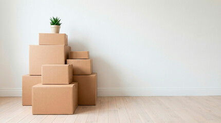 Stack of cardboard moving boxes with small potted plant in an empty room with white walls and light wood floor
