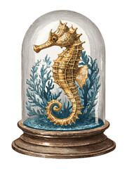 a dry seahorse under a vintage glass globe ,19th illustration isolated on white background	