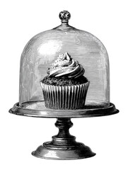 A cupcake in a  glass globe, 19th illustration isolated on white background	