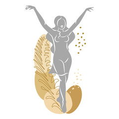 Silhouette of a cute lady and leaves of a plant. The girl is standing. The woman has a beautiful figure. She is young and slim. Vector illustration.