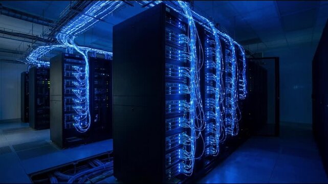 High-Tech Data Center Server Room with Blue Lights &ndash; Cloud Computing Video