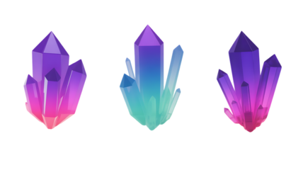 Abstract crystal 3D shapes glowing, Isolated on white and transparent background