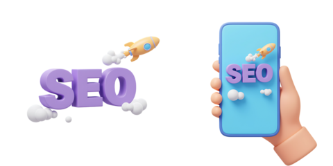 Hand Holding Phone with SEO Rocket Launch Illustration