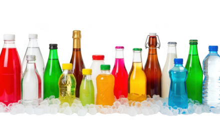 Assorted colorful bottles of soda and drinks on ice isolated on transparent background