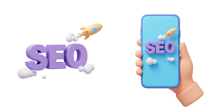 Hand Holding Phone with SEO Rocket Launch Illustration - Powered by Adobe