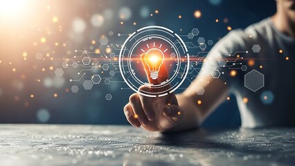 Innovative concept glowing light bulb in hand with futuristic interface and bokeh background