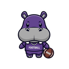 Cute Purple Hippopotamus Character Wearing Football Jersey Holding American Football.