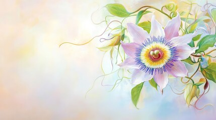 Detailed portrait of Passiflora incarnata with curling tendrils and star-like floral symmetry under soft light