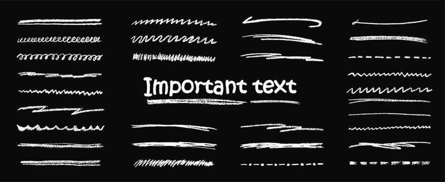 Abstract underline line bundle kit with white chalk pencil watercolor brush and crayon texture showing hand drawn stroke doodle effect adding bold color detail for blackboard themed vector art design.