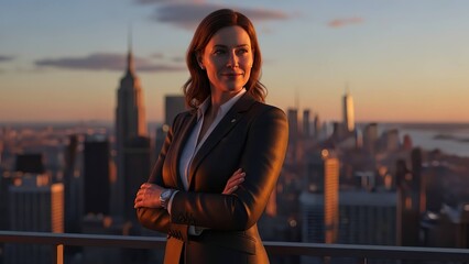 Woman in business attire posing against city skyline at sunset