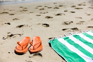 Bright orange flip-flops and striped towel on a sandy beach with ocean waves