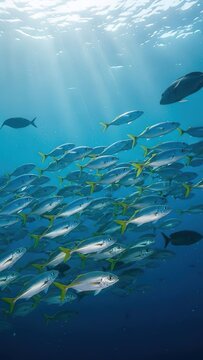 School of yellowtail snapper underwater sunlight marine life ecosystem